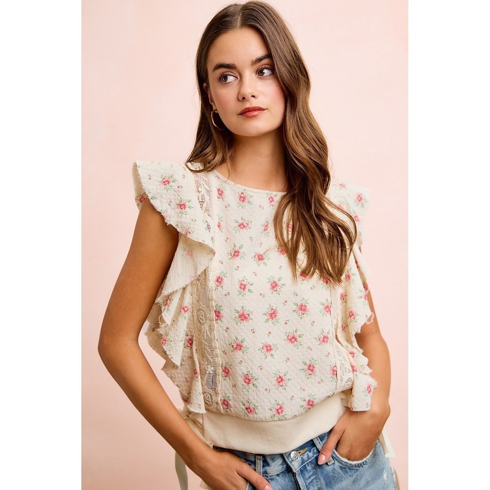 BiBi Flower Printed Ruffle Sleeve Trim Detail Top - Red Flower - Large - Picture 5 of 16